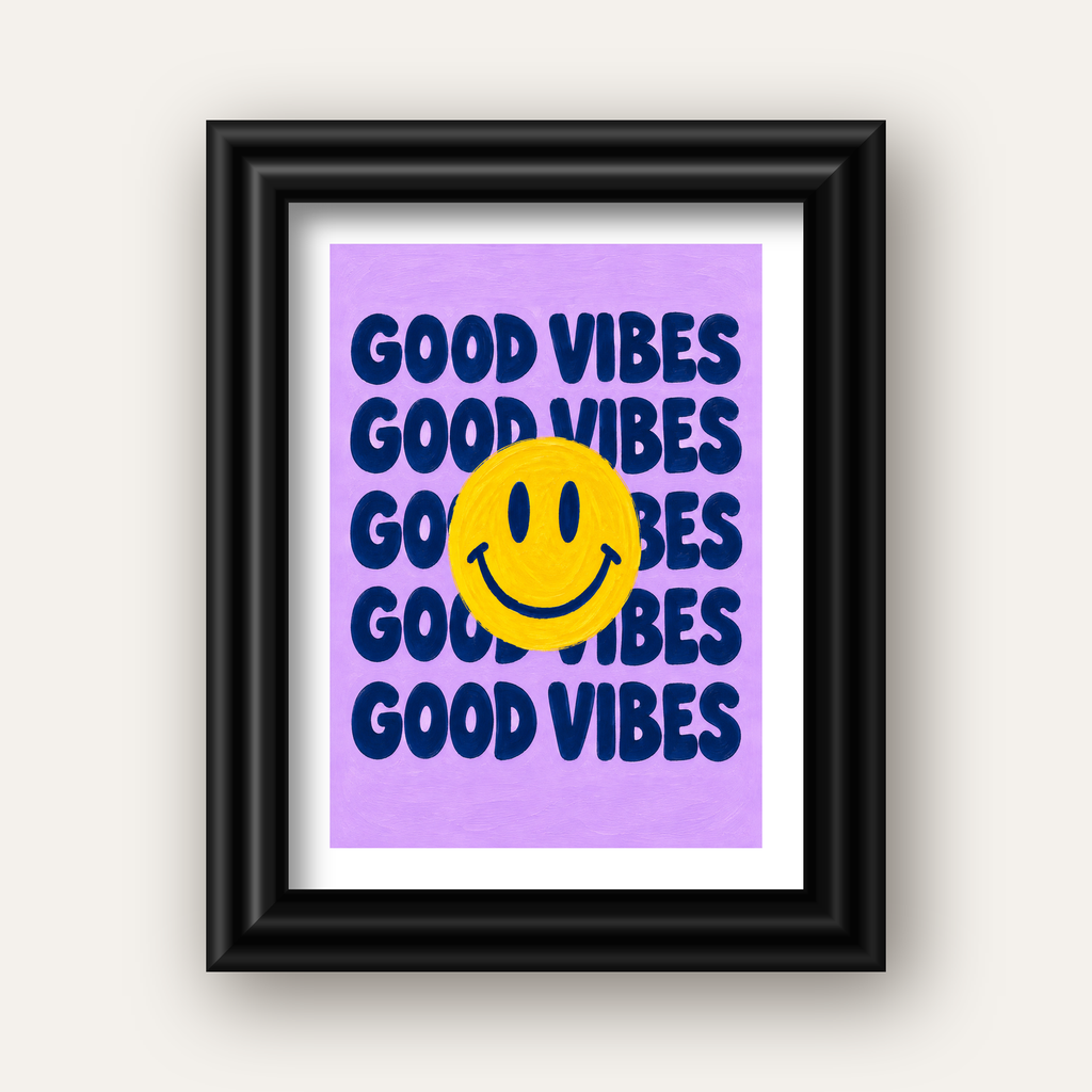 Good Vibes & Smiley Poster – Renkli Modern Duvar Dekoru — siyah galeri çerçeveli paspartulu