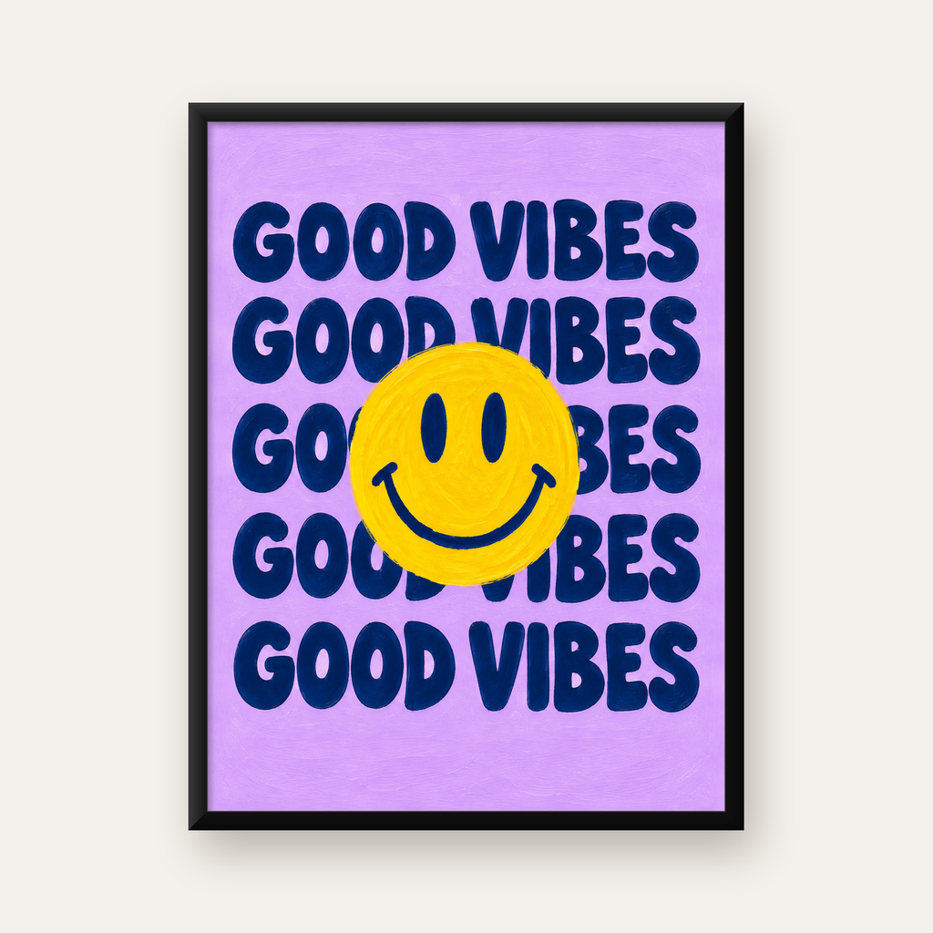 Good Vibes & Smiley Poster – Renkli Modern Duvar Dekoru — Dikey baskı, düz siyah çerçeveli duvar posteri