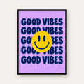Good Vibes & Smiley Poster – Renkli Modern Duvar Dekoru — Dikey baskı, düz siyah çerçeveli duvar posteri