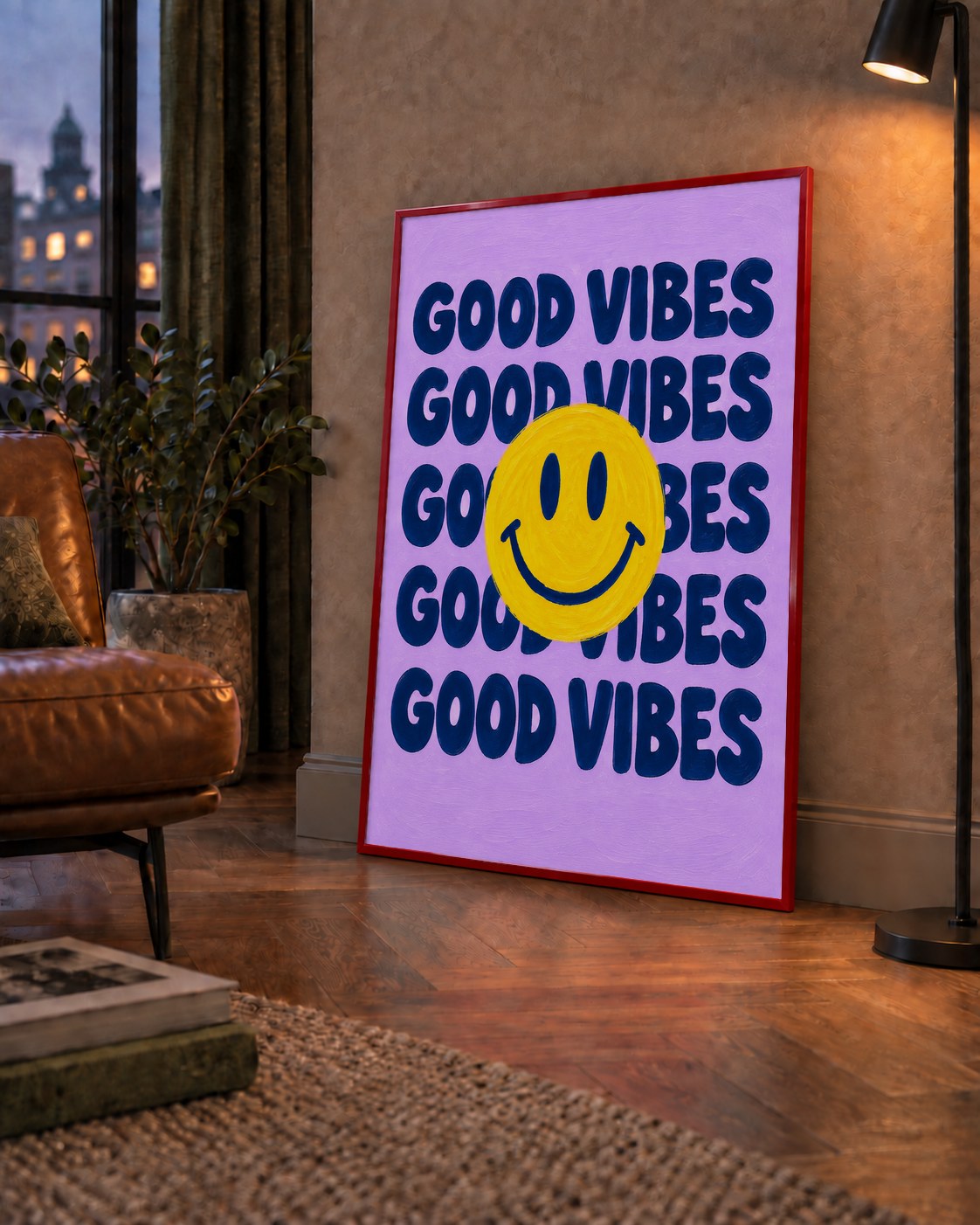 Good Vibes & Smiley Poster – Renkli Modern Duvar Dekoru — çerçeveli hâliyle bir ev duvarında