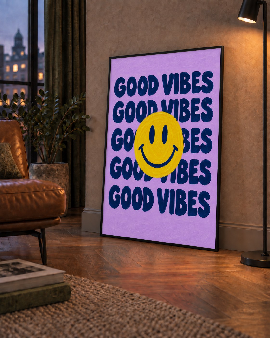 Good Vibes & Smiley Poster – Renkli Modern Duvar Dekoru — çerçeveli hâliyle bir ev duvarında