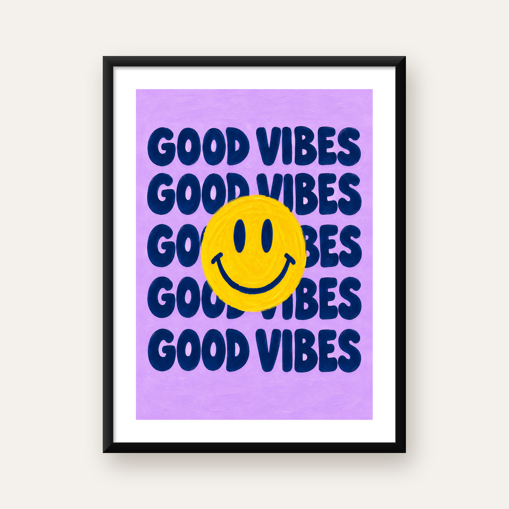Good Vibes & Smiley Poster – Renkli Modern Duvar Dekoru — Dikey baskı, beyaz paspartulu