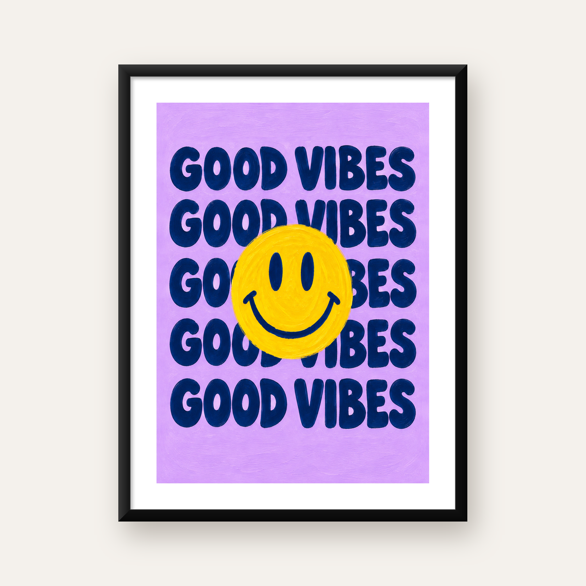 Good Vibes & Smiley Poster – Renkli Modern Duvar Dekoru — Dikey baskı, beyaz paspartulu