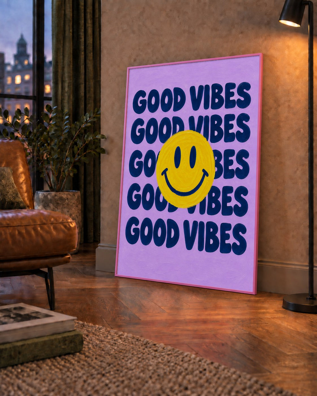 Good Vibes & Smiley Poster – Renkli Modern Duvar Dekoru — çerçeveli hâliyle bir ev duvarında