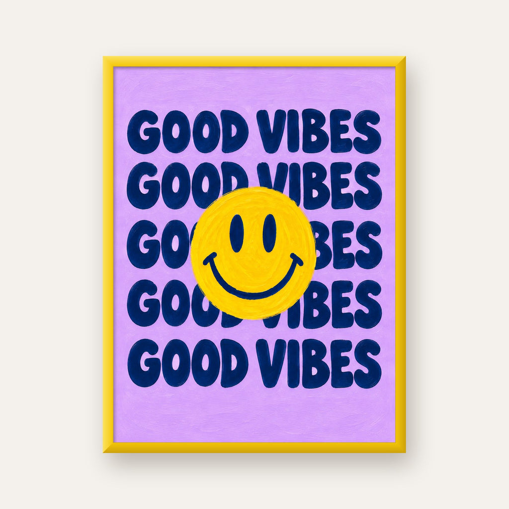 Good Vibes & Smiley Poster – Renkli Modern Duvar Dekoru — sarı çerçeveli