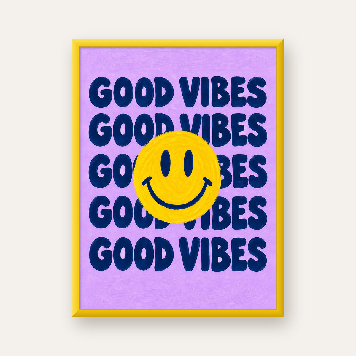 Good Vibes & Smiley Poster – Renkli Modern Duvar Dekoru — sarı çerçeveli