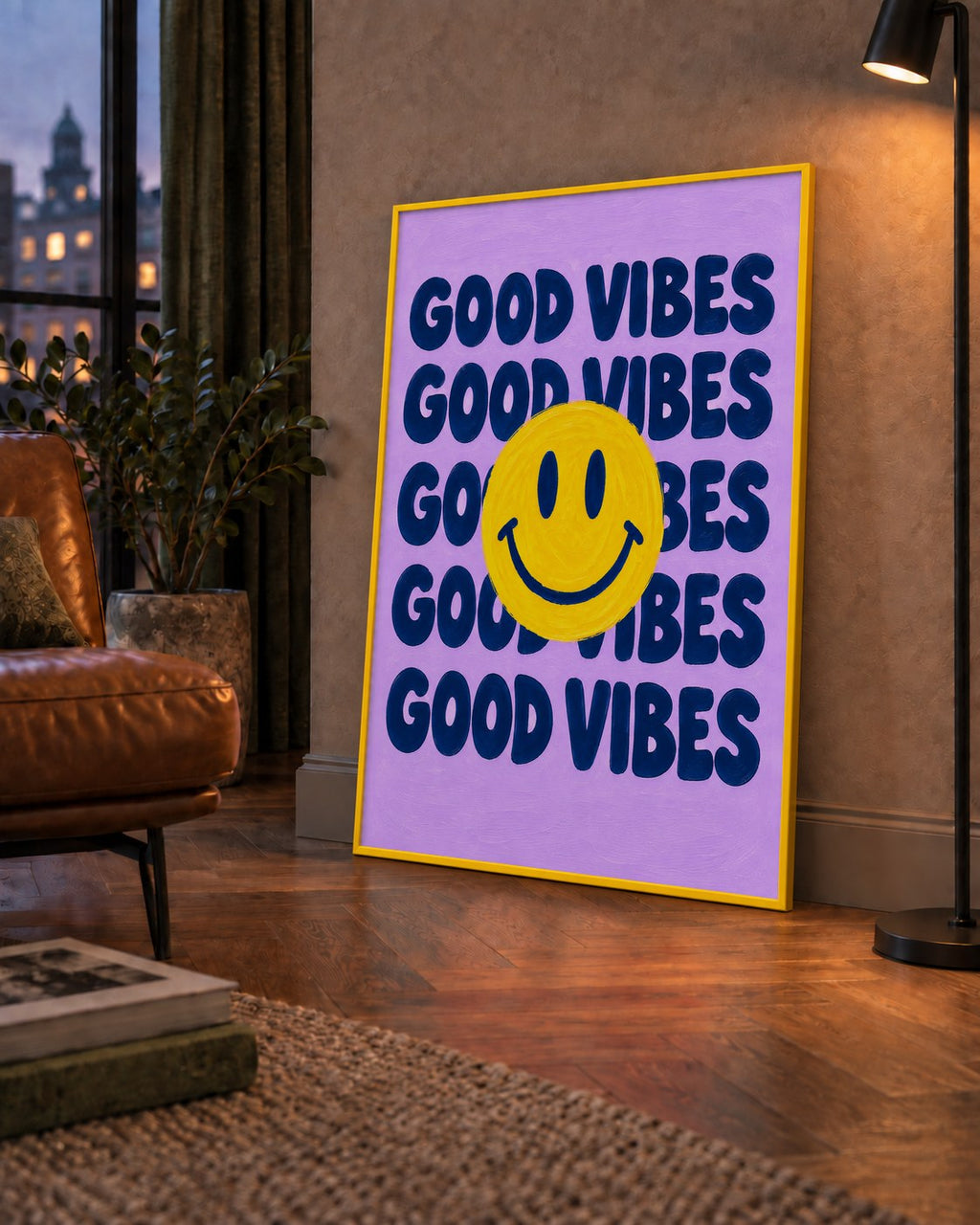 Good Vibes & Smiley Poster – Renkli Modern Duvar Dekoru — çerçeveli hâliyle bir ev duvarında