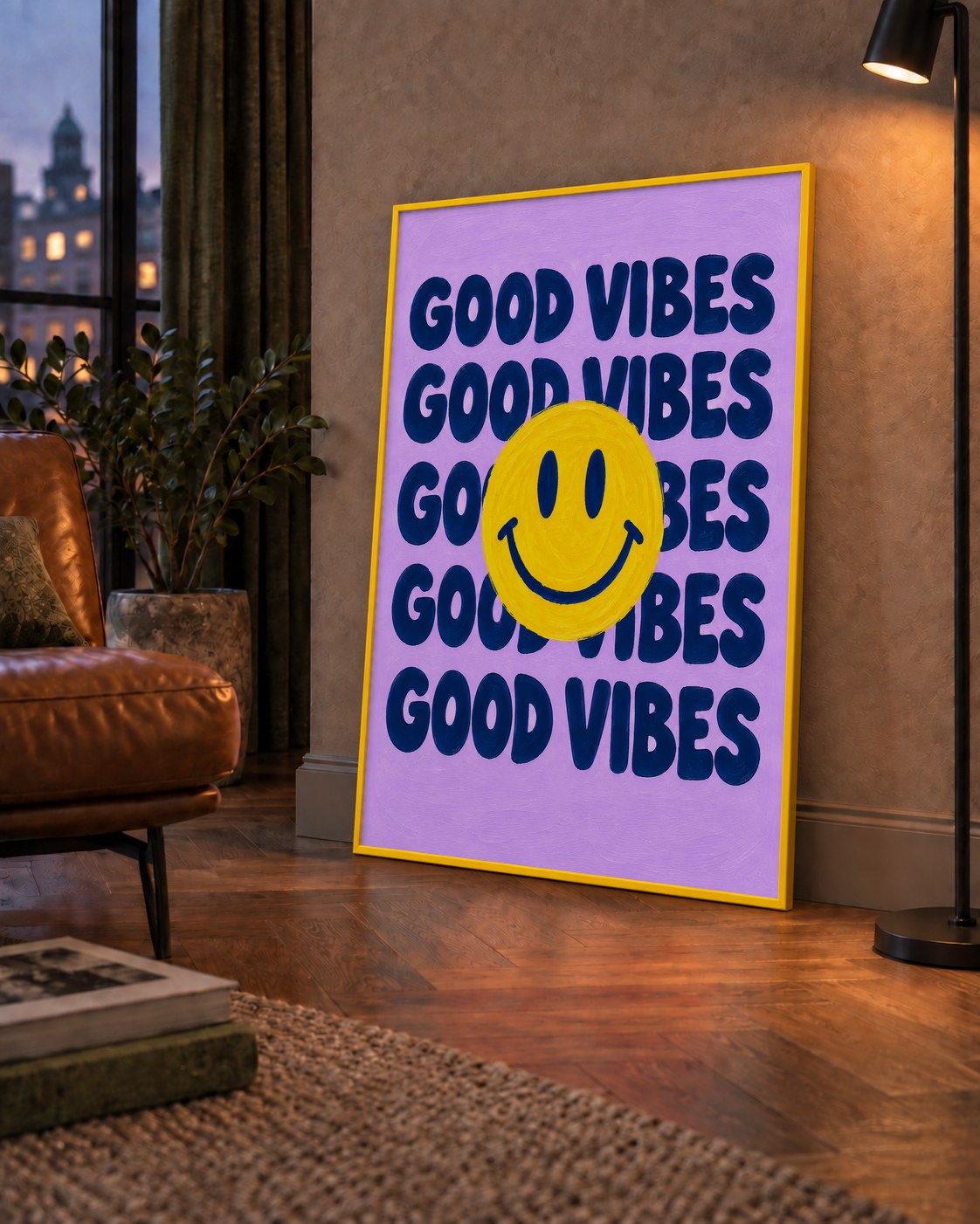 Good Vibes & Smiley Poster – Renkli Modern Duvar Dekoru — çerçeveli hâliyle bir ev duvarında