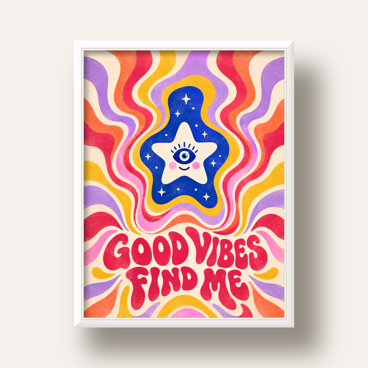 Good Vibes Find Me Retro Psikedelik Poster — beyaz derin çerçeveli
