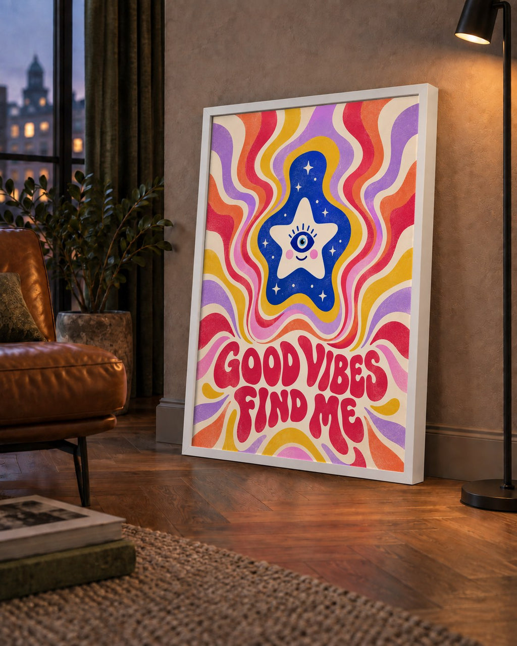 Good Vibes Find Me Retro Psikedelik Poster — çerçeveli hâliyle bir ev duvarında