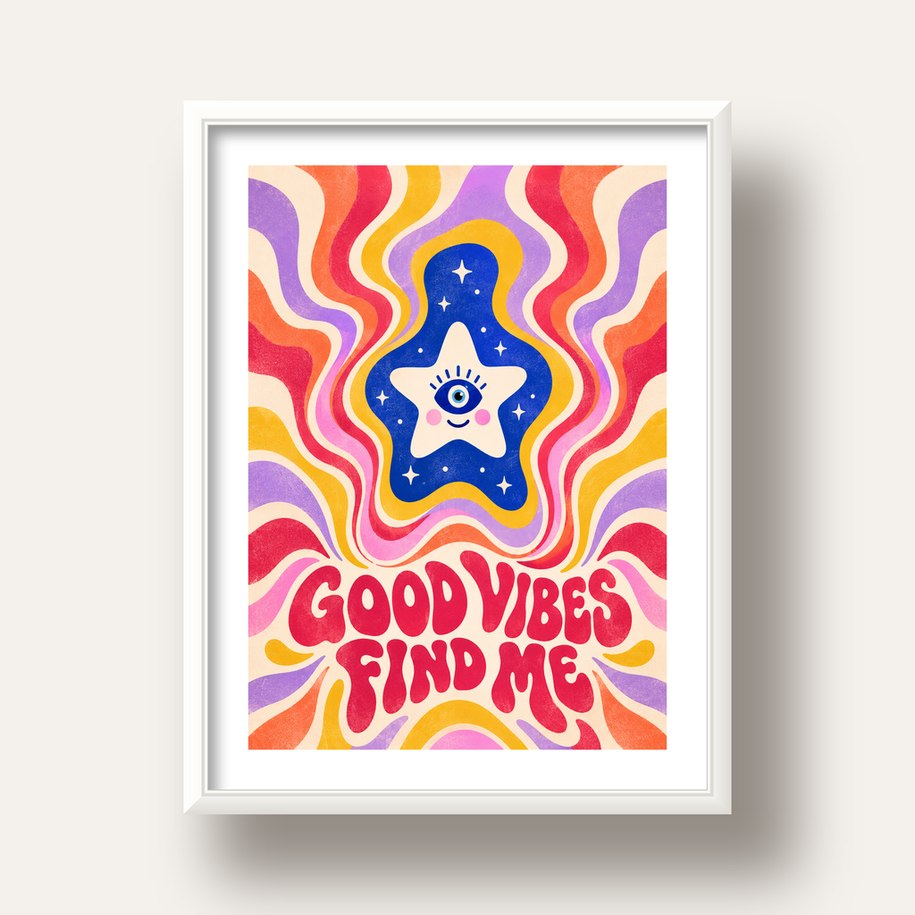 Good Vibes Find Me Retro Psikedelik Poster — beyaz derin çerçeveli paspartulu