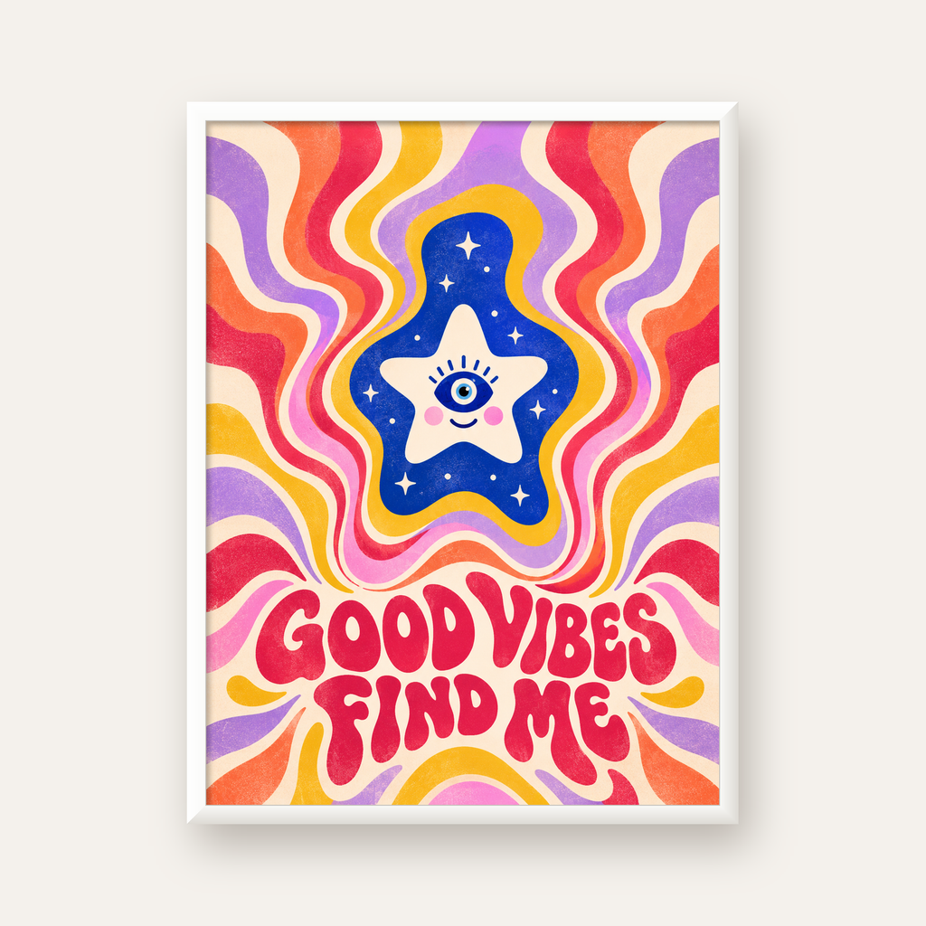 Good Vibes Find Me Retro Psikedelik Poster — beyaz çerçeveli dikey poster
