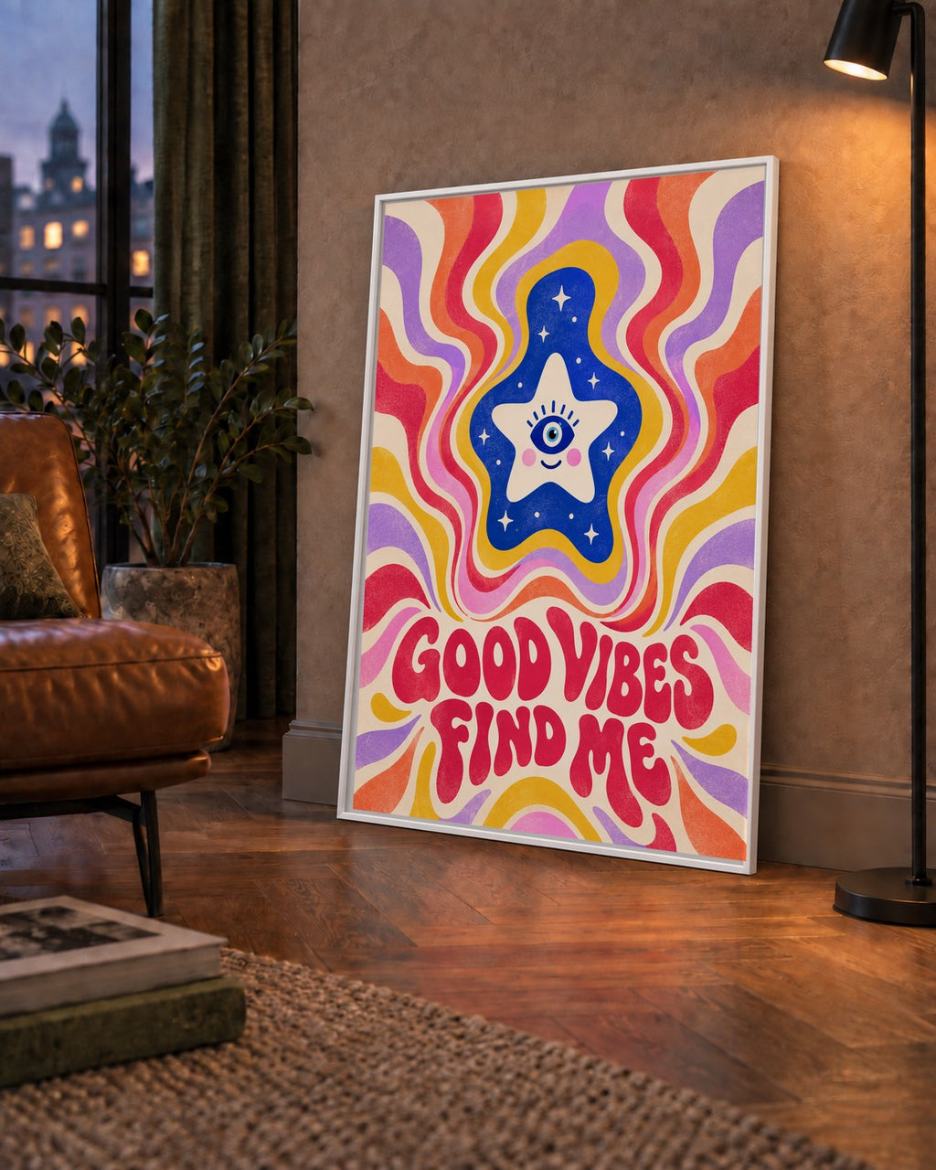 Good Vibes Find Me Retro Psikedelik Poster — çerçeveli hâliyle bir ev duvarında