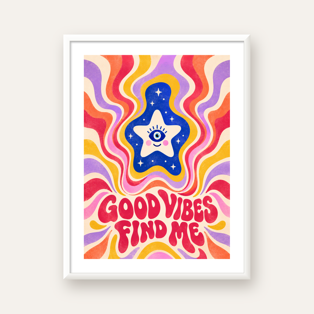 Good Vibes Find Me Retro Psikedelik Poster — beyaz çerçeveli dikey poster