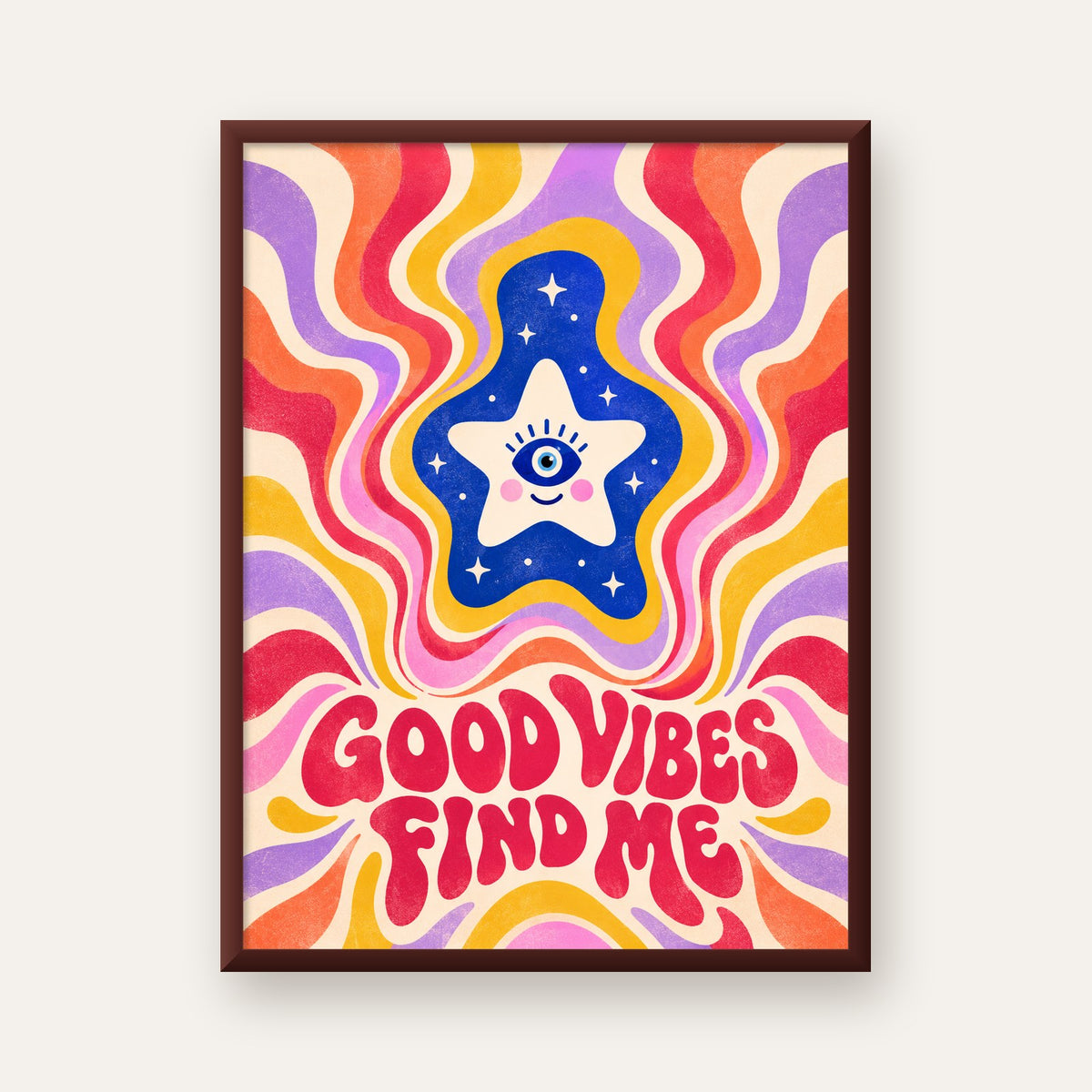 Good Vibes Find Me Retro Psikedelik Poster — ceviz çerçeveli