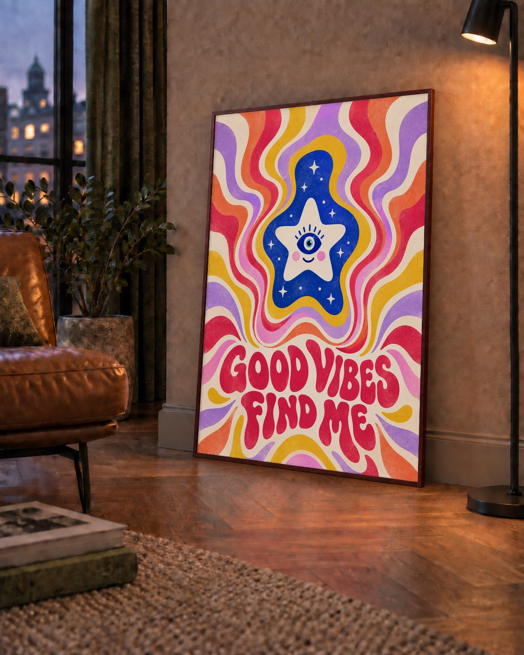 Good Vibes Find Me Retro Psikedelik Poster — çerçeveli hâliyle bir ev duvarında