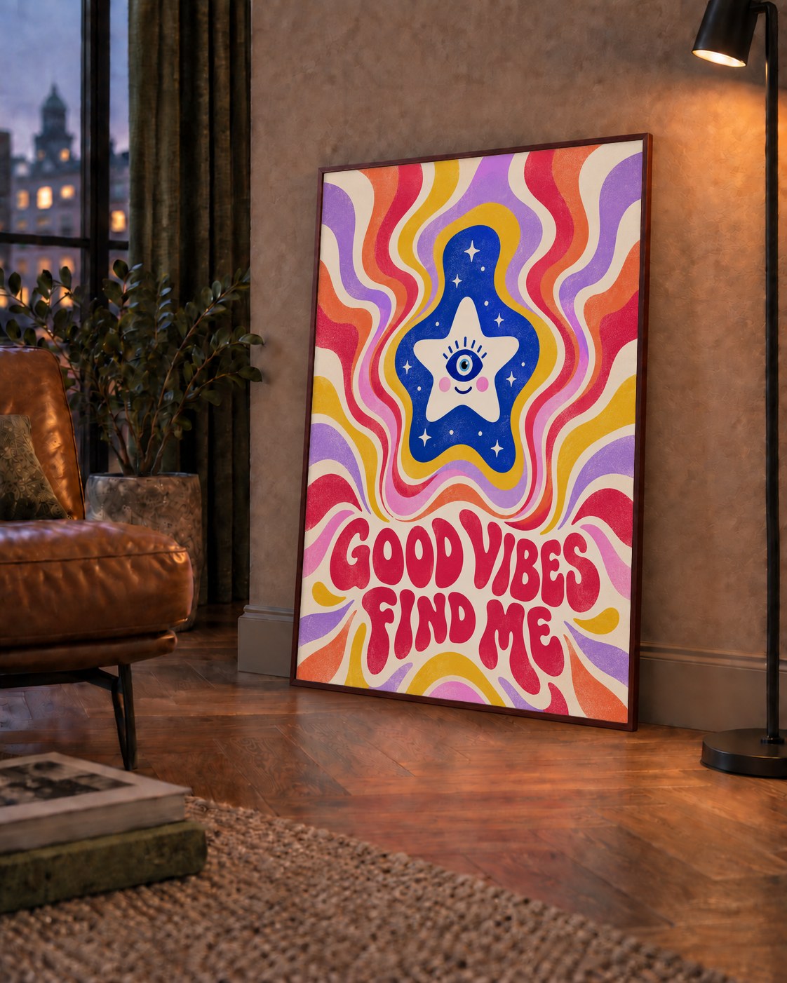 Good Vibes Find Me Retro Psikedelik Poster — çerçeveli hâliyle bir ev duvarında