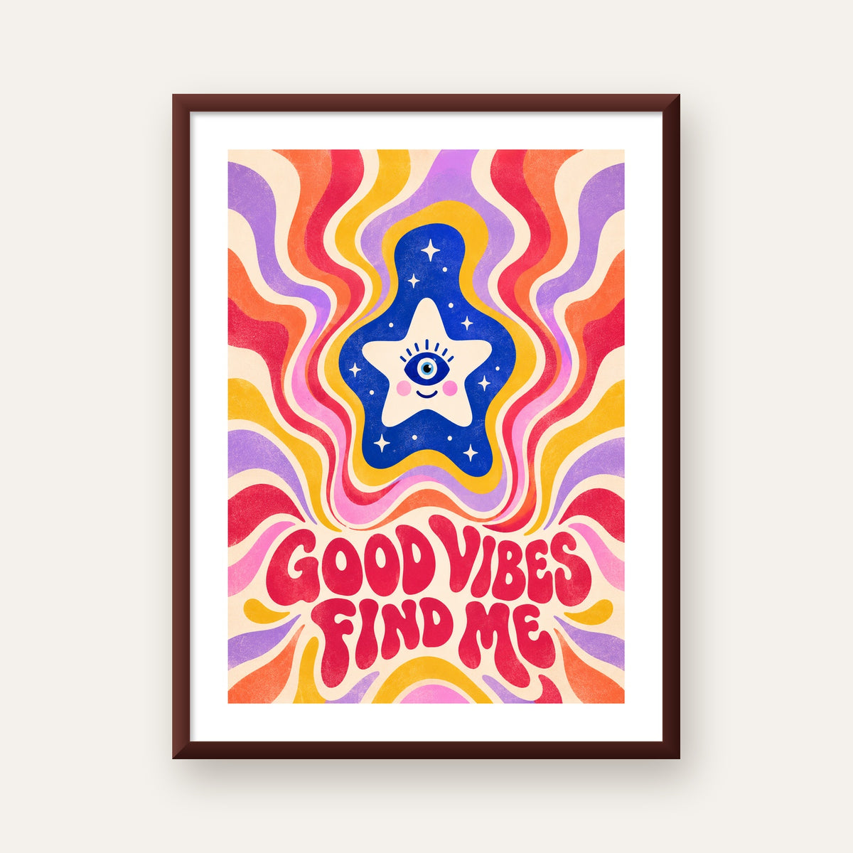 Good Vibes Find Me Retro Psikedelik Poster — ceviz çerçeveli paspartulu