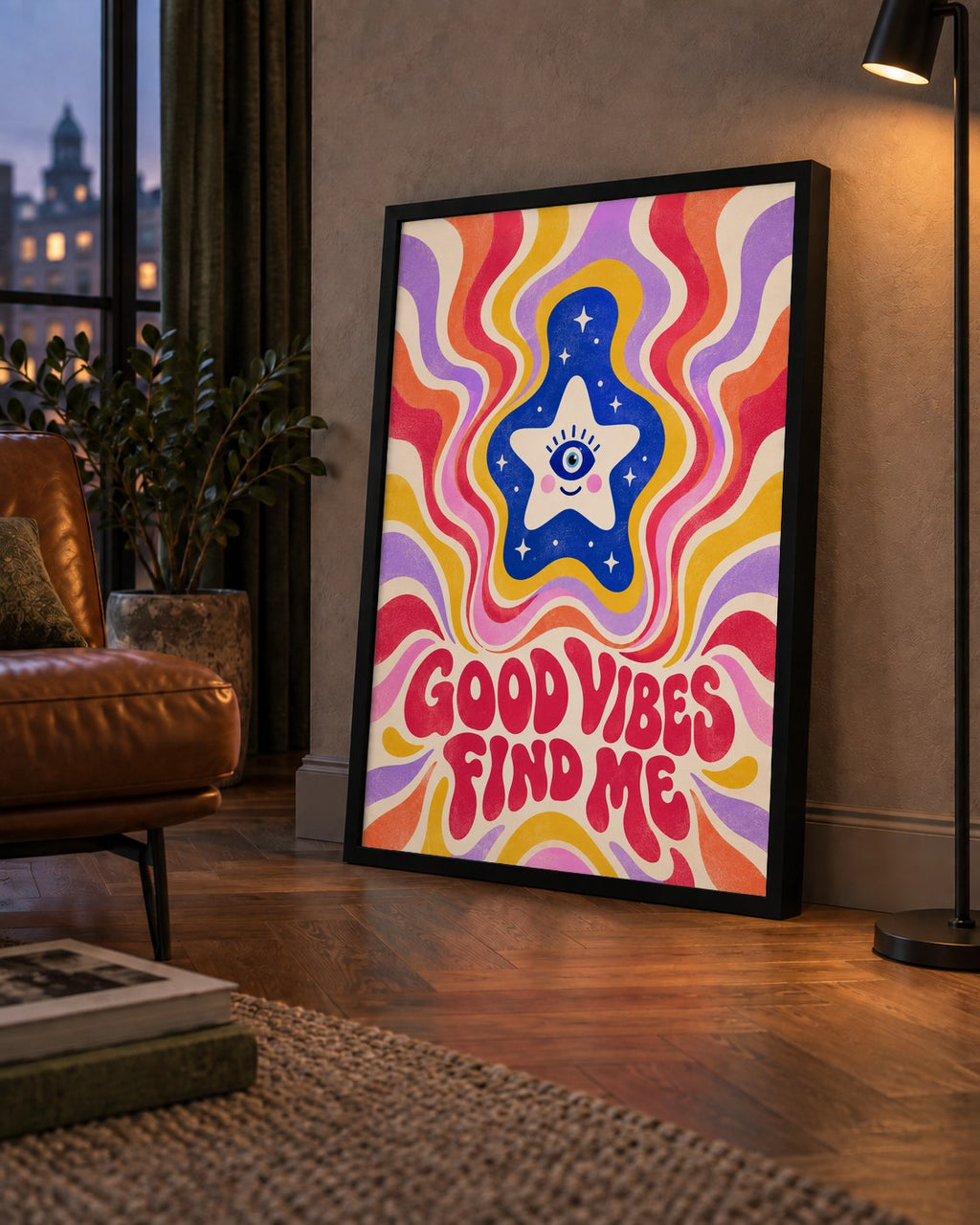 Good Vibes Find Me Retro Psikedelik Poster — çerçeveli hâliyle bir ev duvarında