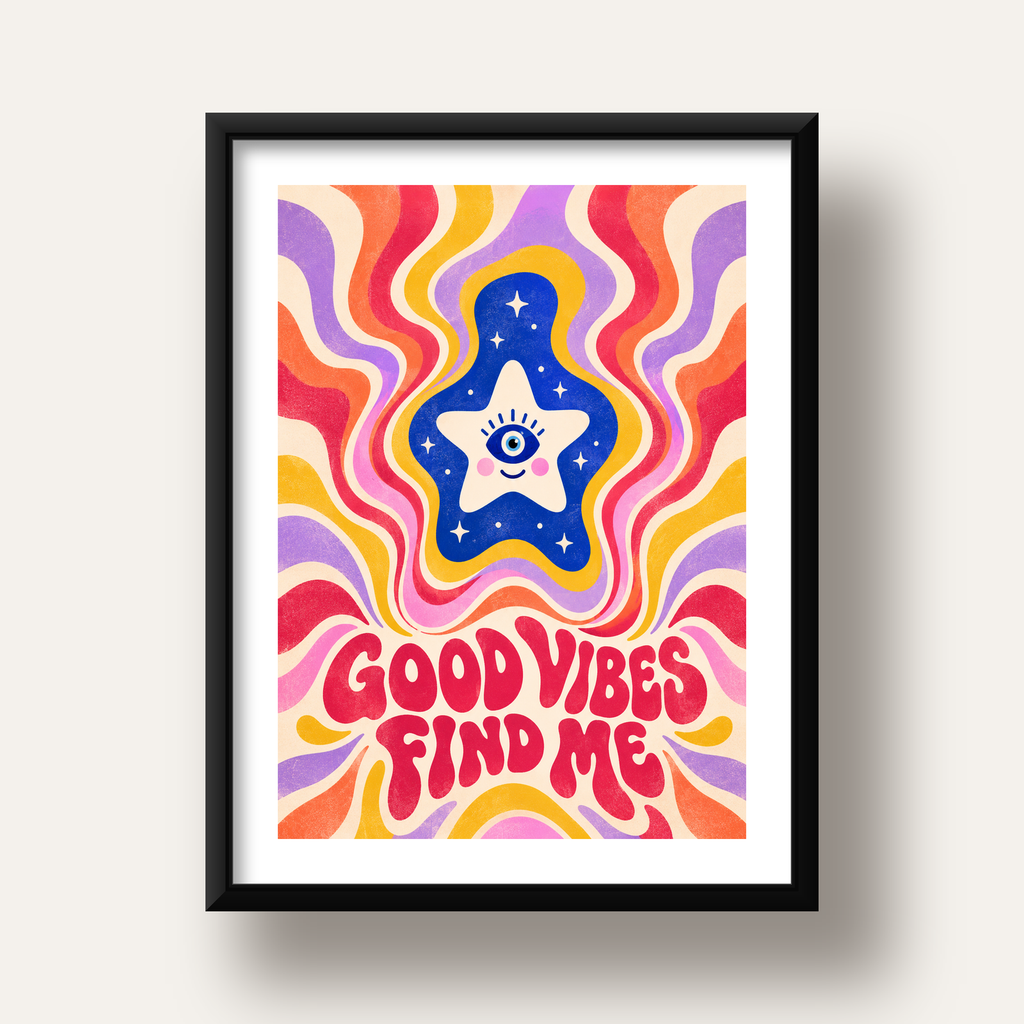 Good Vibes Find Me Retro Psikedelik Poster — siyah derin çerçeveli paspartulu