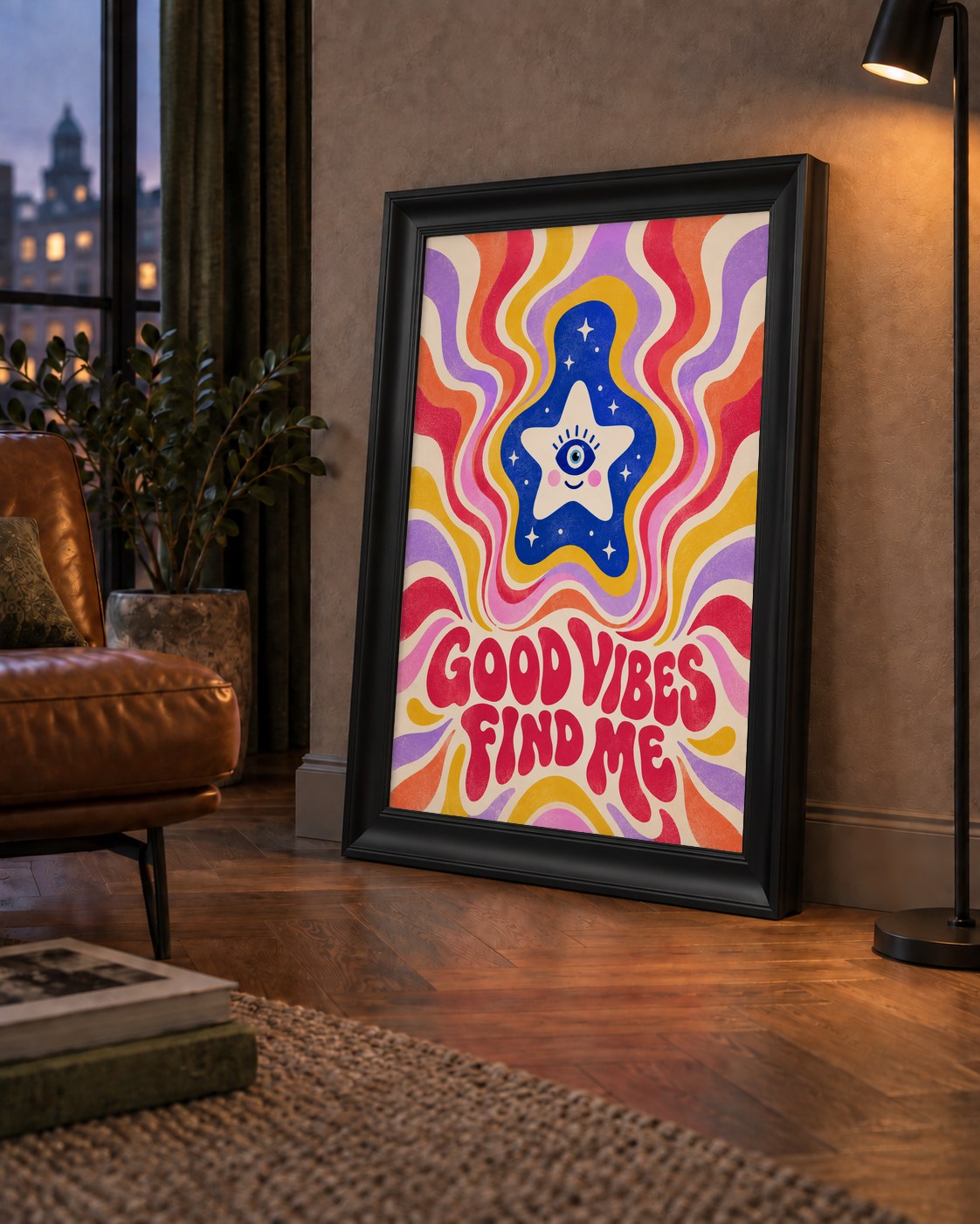 Good Vibes Find Me Retro Psikedelik Poster — çerçeveli hâliyle bir ev duvarında