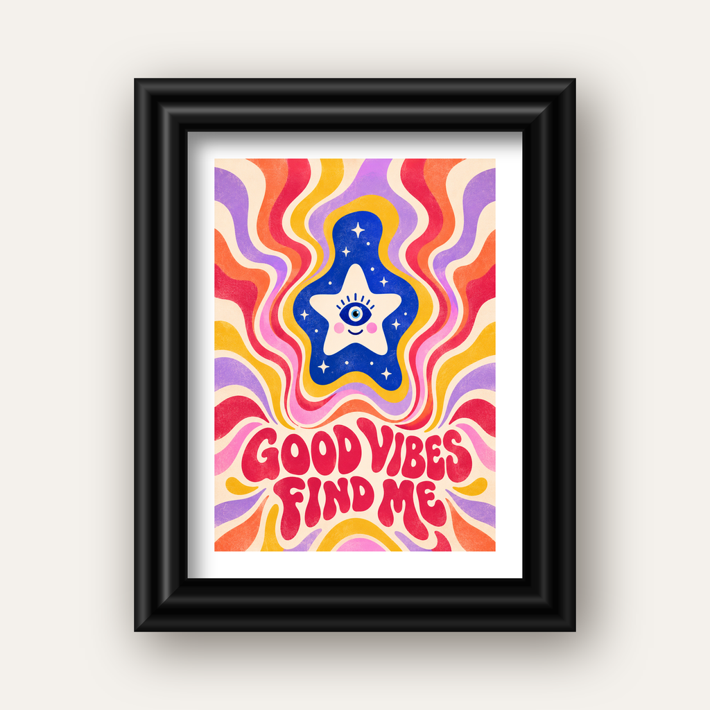 Good Vibes Find Me Retro Psikedelik Poster — siyah galeri çerçeveli paspartulu