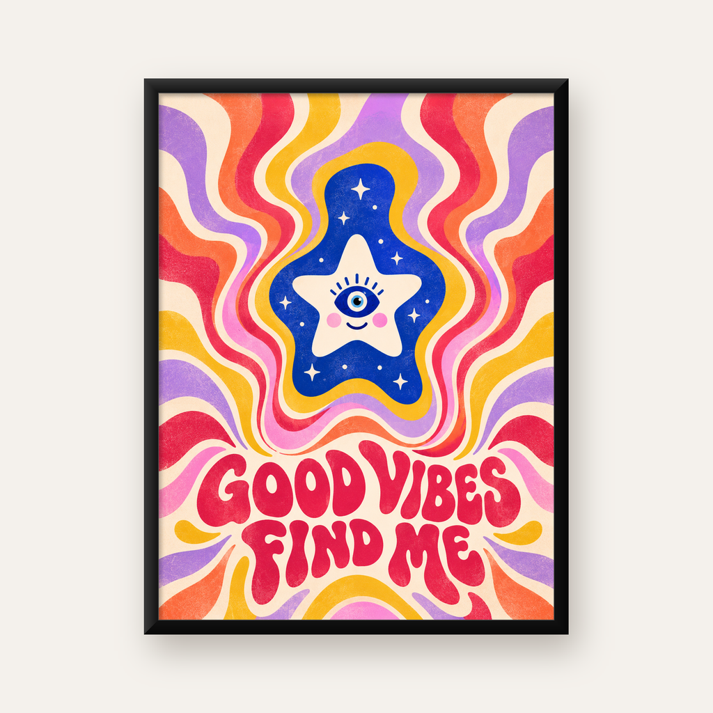 Psikedelik Gülen Yıldız Poster – Retro Good Vibes Duvar Dekoru — Dikey baskı, düz siyah çerçeveli duvar posteri