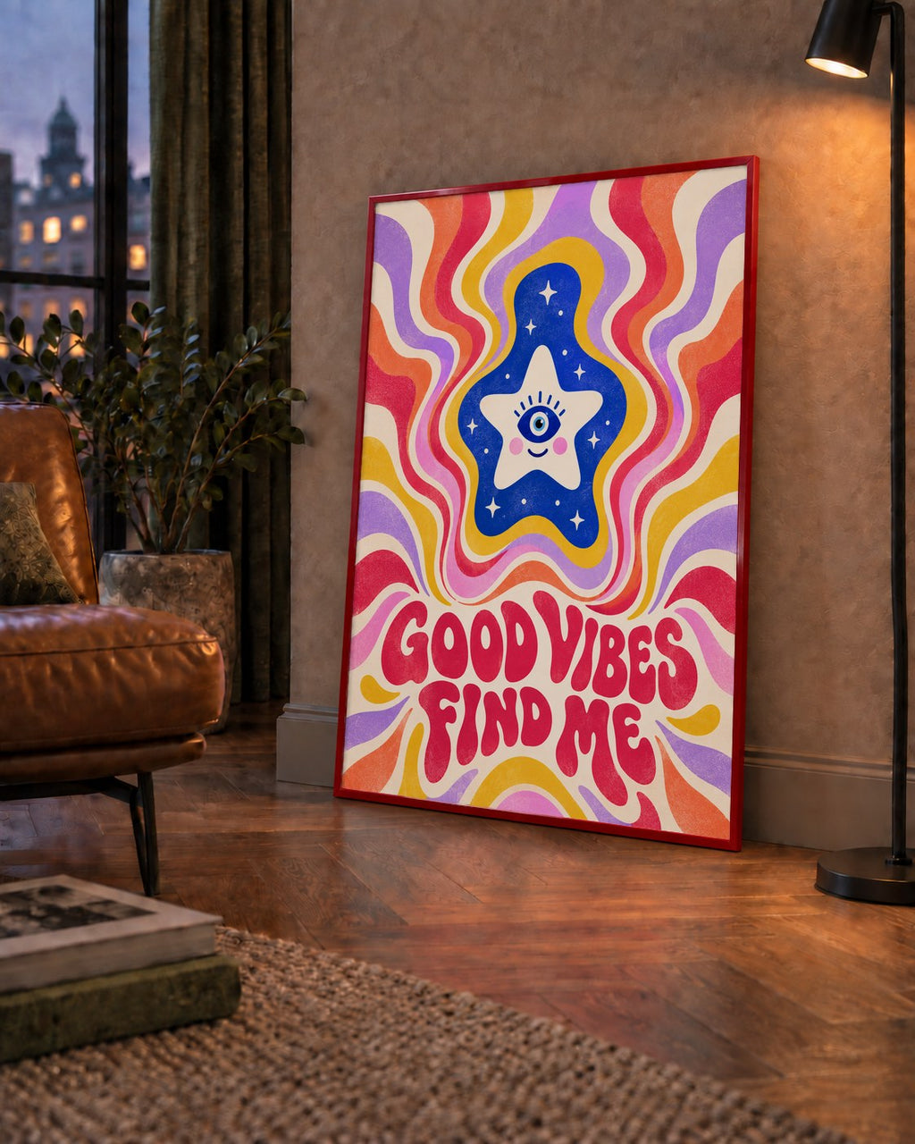 Good Vibes Find Me Retro Psikedelik Poster — çerçeveli hâliyle bir ev duvarında