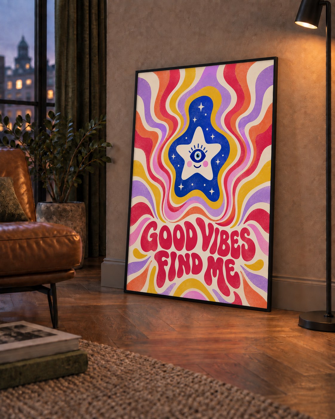 Good Vibes Find Me Retro Psikedelik Poster — çerçeveli hâliyle bir ev duvarında