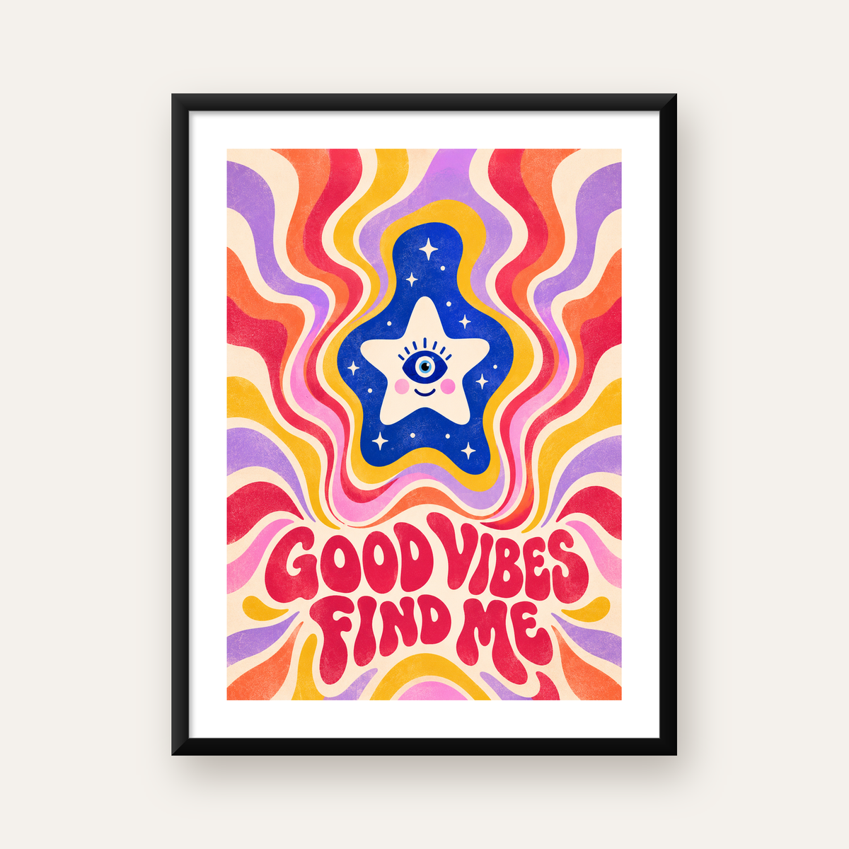 Psikedelik Gülen Yıldız Poster – Retro Good Vibes Duvar Dekoru — Dikey baskı, beyaz kenar boşluklu