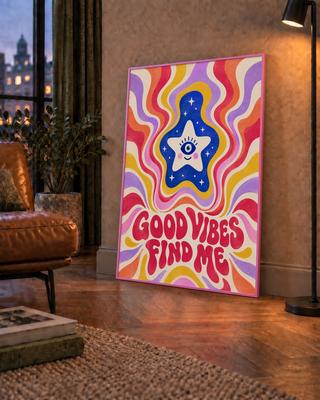 Good Vibes Find Me Retro Psikedelik Poster — çerçeveli hâliyle bir ev duvarında