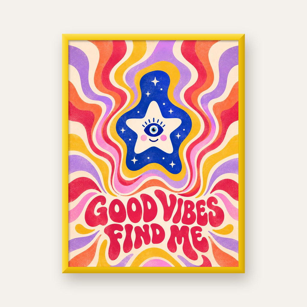 Good Vibes Find Me Retro Psikedelik Poster — sarı çerçeveli