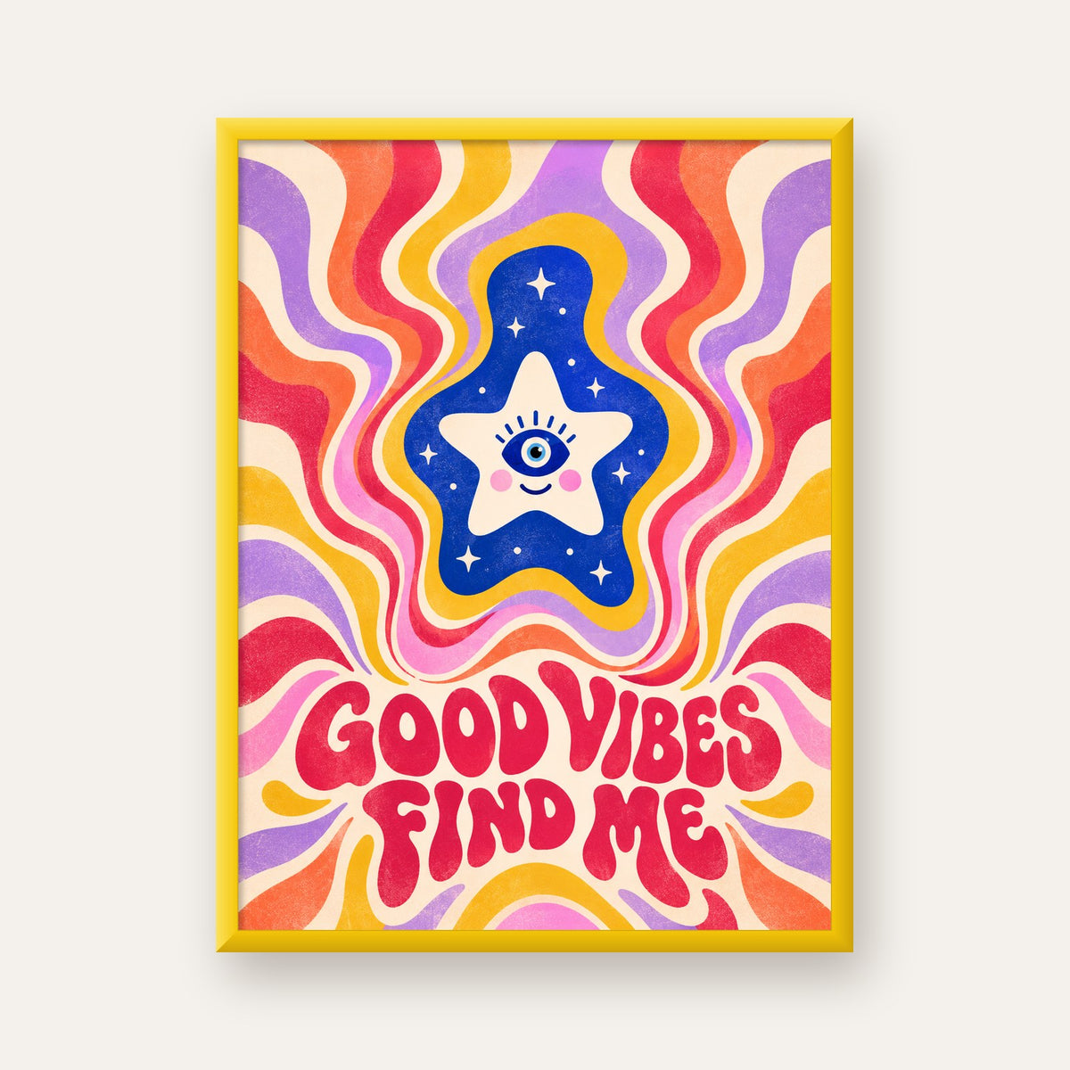 Good Vibes Find Me Retro Psikedelik Poster — sarı çerçeveli