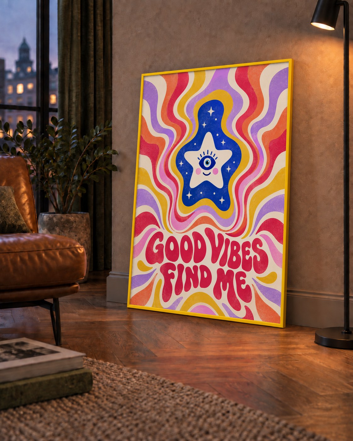 Good Vibes Find Me Retro Psikedelik Poster — çerçeveli hâliyle bir ev duvarında