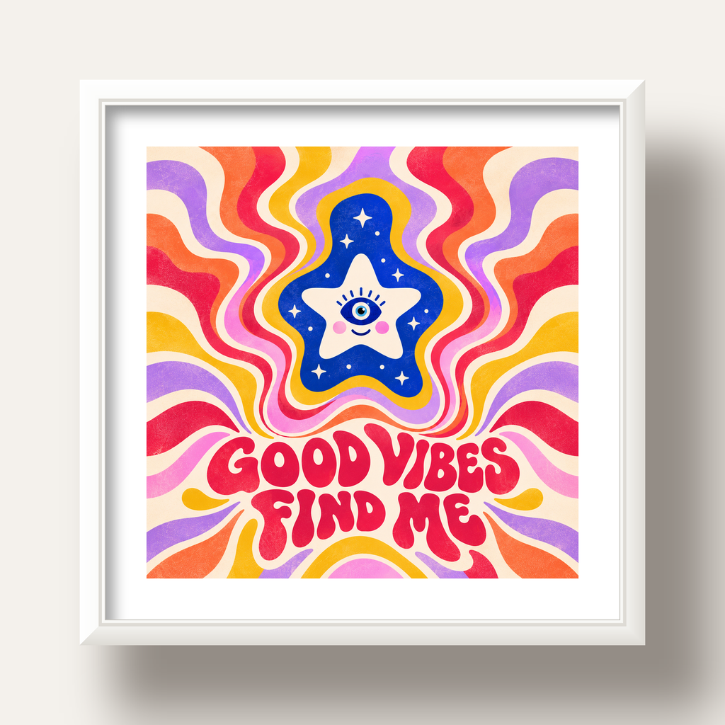 Good Vibes Find Me Retro Psikedelik Poster — beyaz derin çerçeveli paspartulu