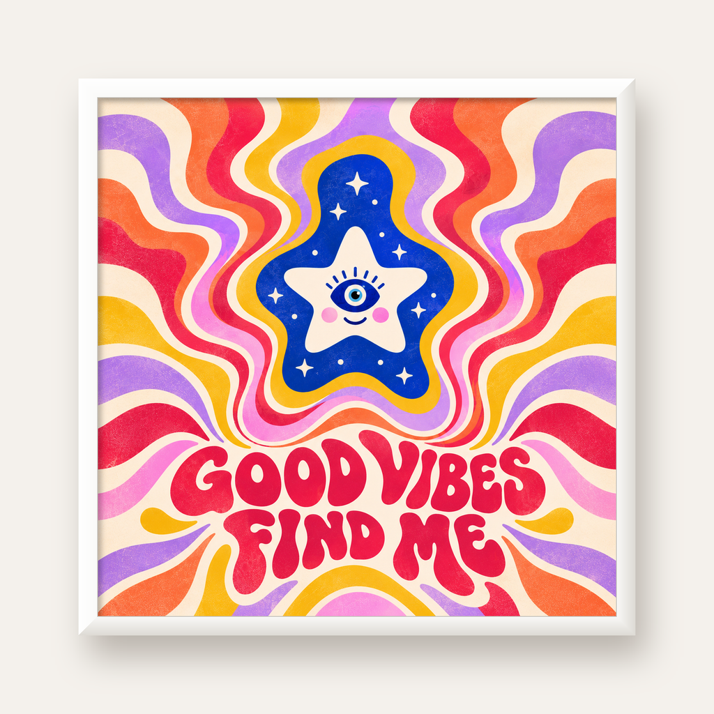 Good Vibes Find Me Retro Psikedelik Poster — beyaz çerçeveli kare poster