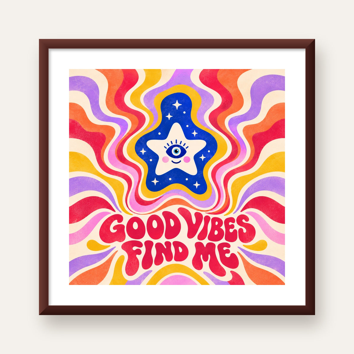 Good Vibes Find Me Retro Psikedelik Poster — ceviz çerçeveli paspartulu