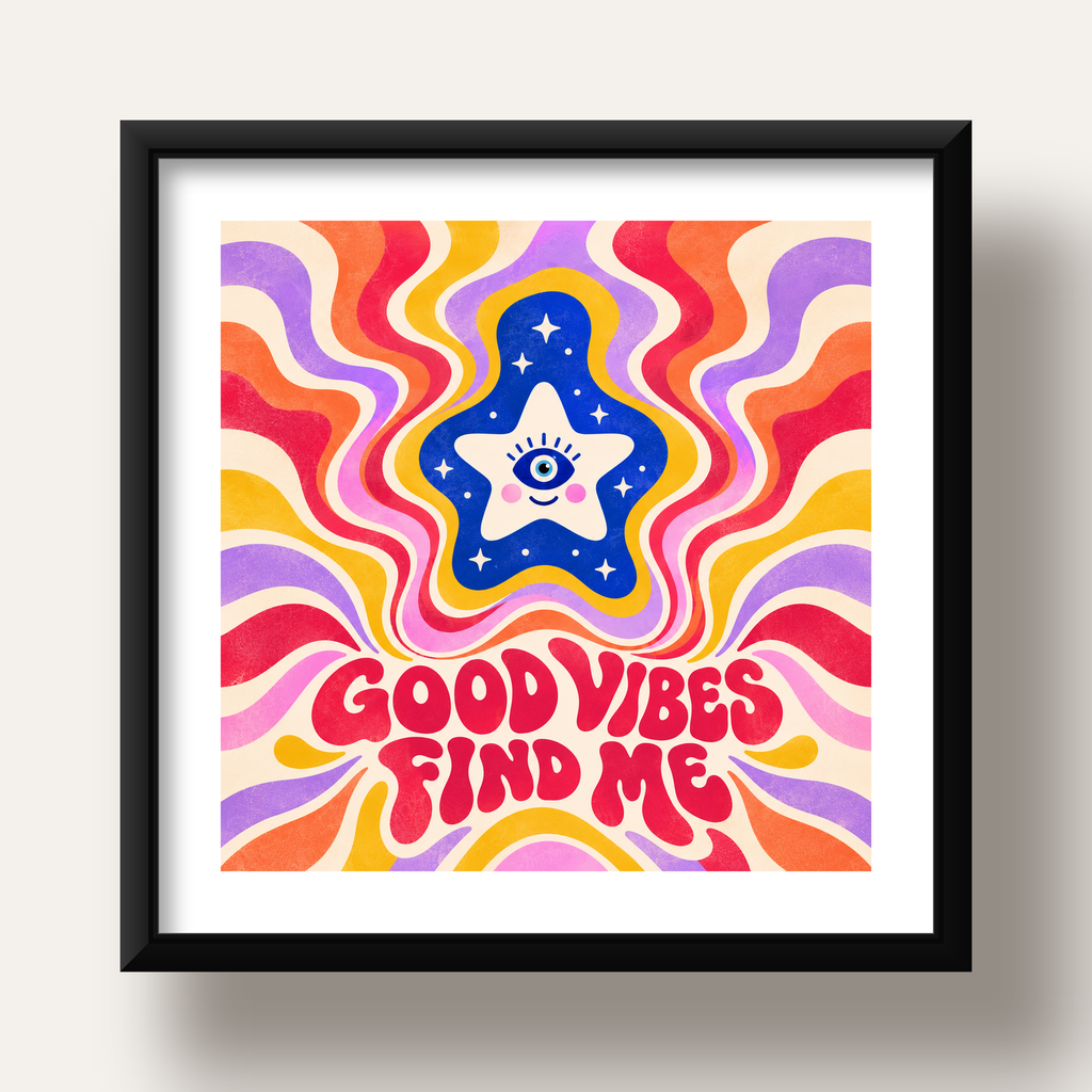 Good Vibes Find Me Retro Psikedelik Poster — siyah derin çerçeveli paspartulu