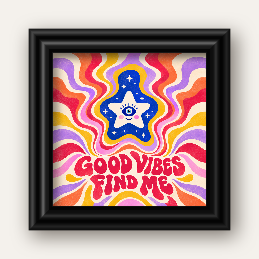 Good Vibes Find Me Retro Psikedelik Poster — siyah galeri çerçeveli