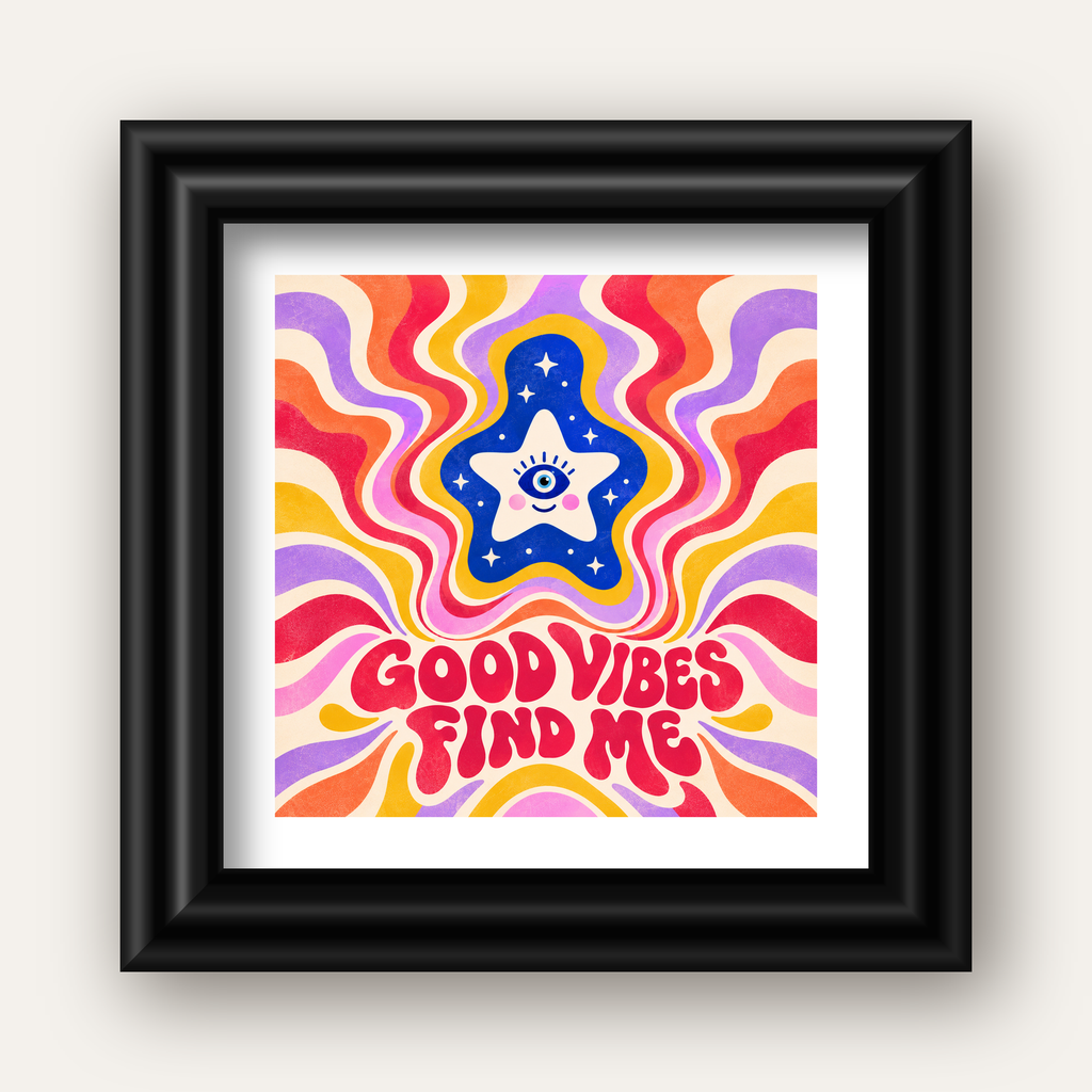Good Vibes Find Me Retro Psikedelik Poster — siyah galeri çerçeveli paspartulu