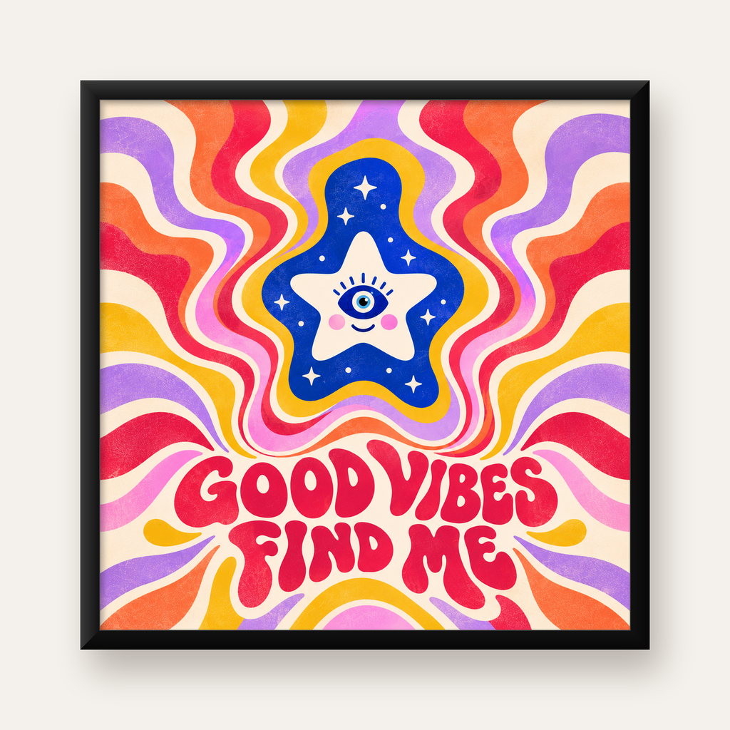 Psikedelik Gülen Yıldız Poster – Retro Good Vibes Duvar Dekoru — Kare baskı, düz siyah çerçeveli duvar posteri