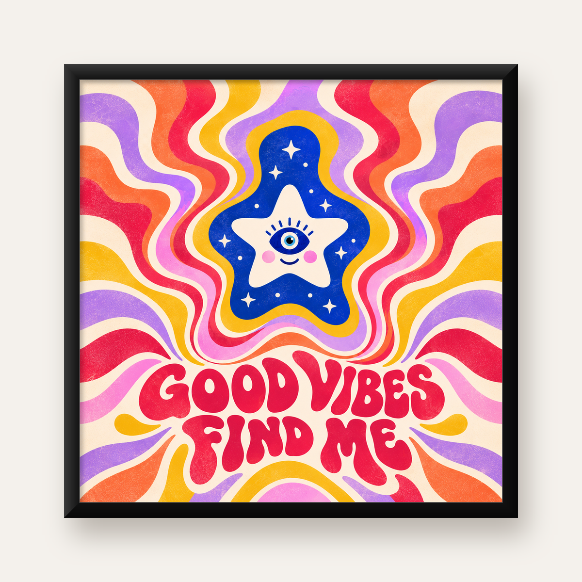 Psikedelik Gülen Yıldız Poster – Retro Good Vibes Duvar Dekoru — Kare baskı, düz siyah çerçeveli duvar posteri