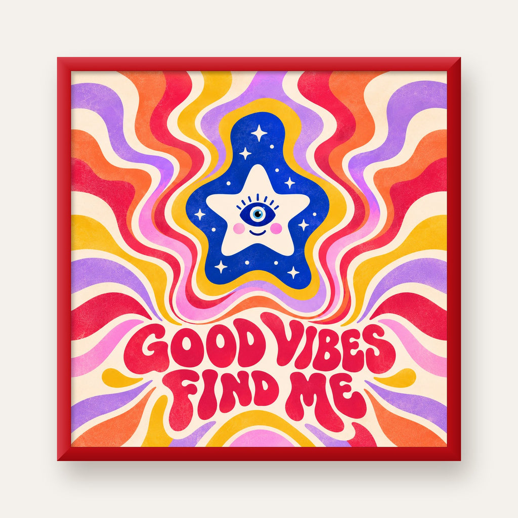 Good Vibes Find Me Retro Psikedelik Poster — kırmızı çerçeveli