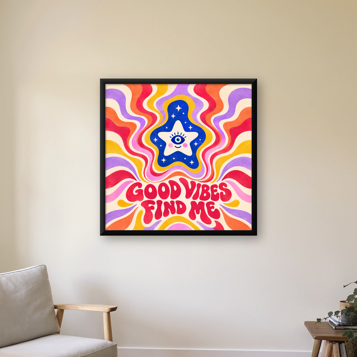 Psikedelik Gülen Yıldız Poster – Retro Good Vibes Duvar Dekoru — Kare baskı, çerçeveli hâliyle bir ev duvarında