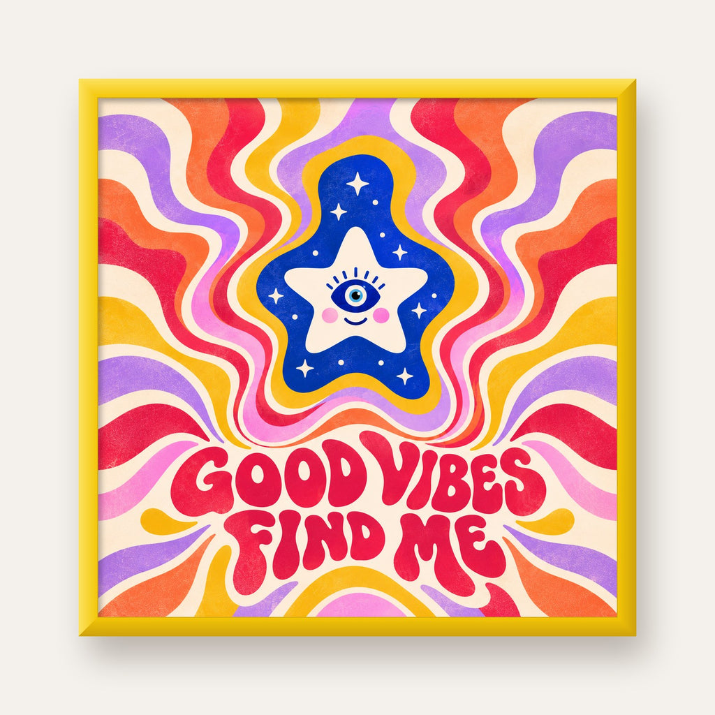 Good Vibes Find Me Retro Psikedelik Poster — sarı çerçeveli