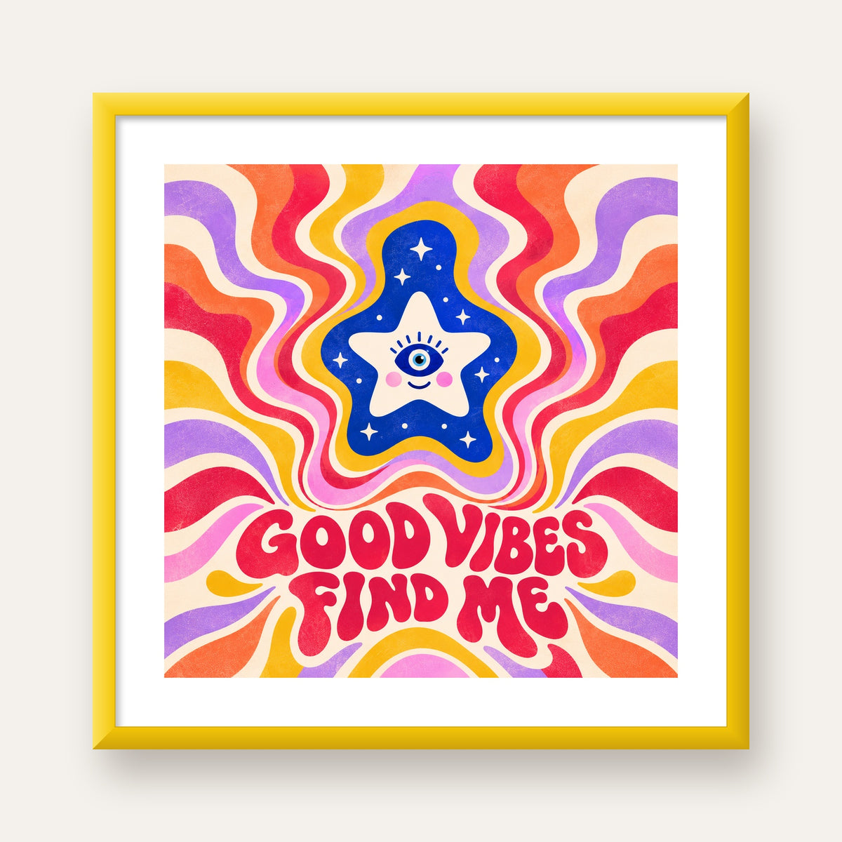 Good Vibes Find Me Retro Psikedelik Poster — sarı çerçeveli paspartulu