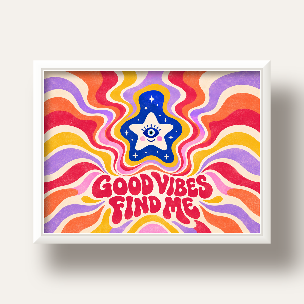 Good Vibes Find Me Retro Psikedelik Poster — beyaz derin çerçeveli