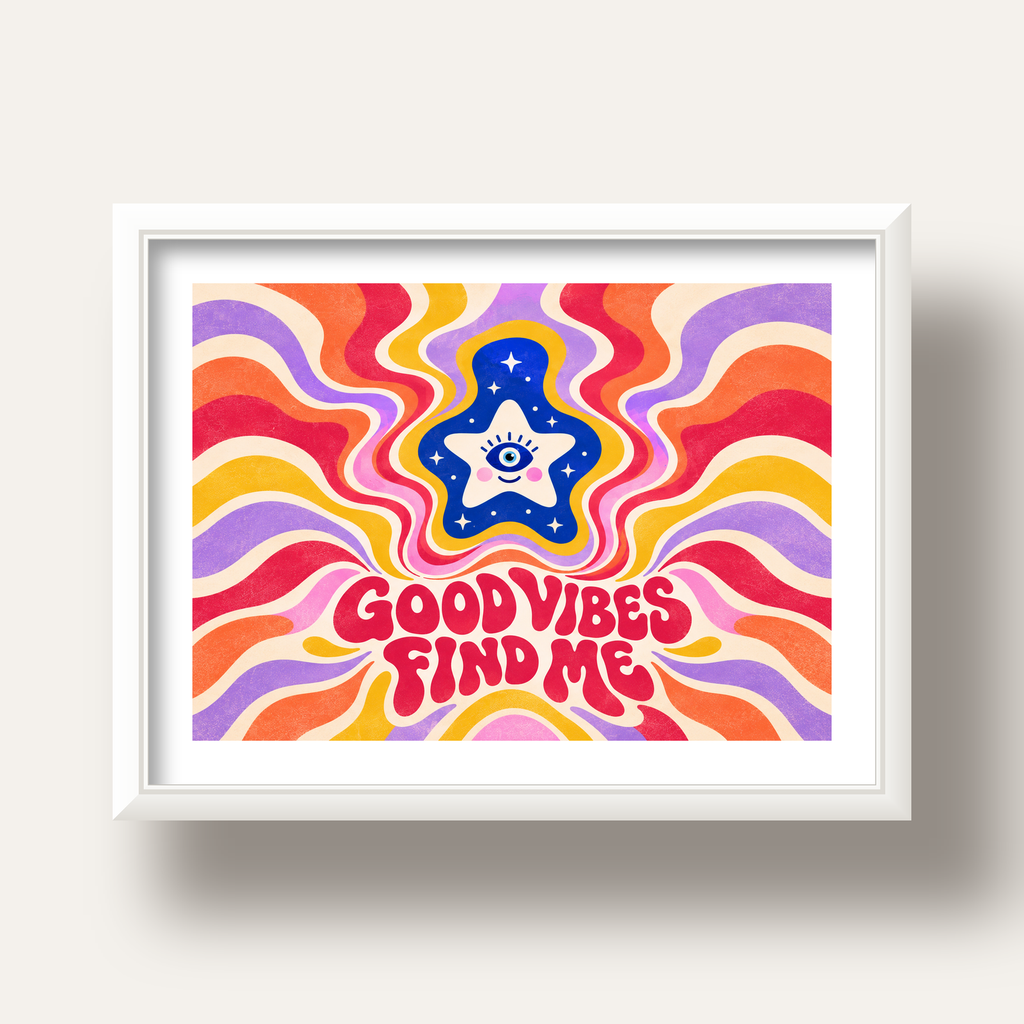 Good Vibes Find Me Retro Psikedelik Poster — beyaz derin çerçeveli paspartulu