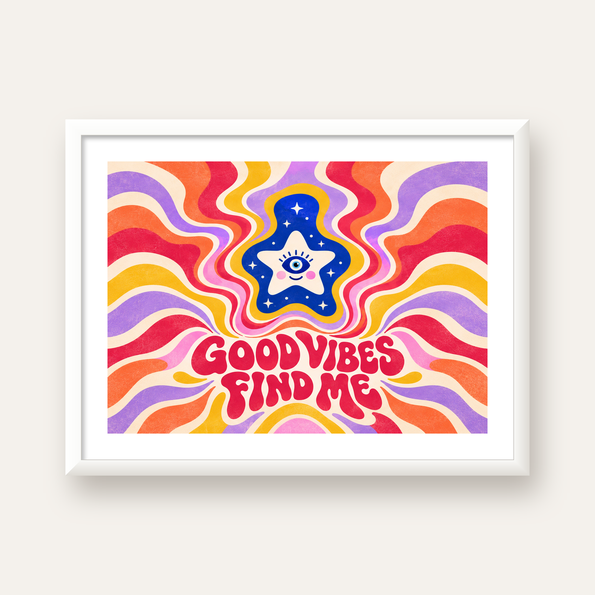 Good Vibes Find Me Retro Psikedelik Poster — beyaz çerçeveli yatay poster
