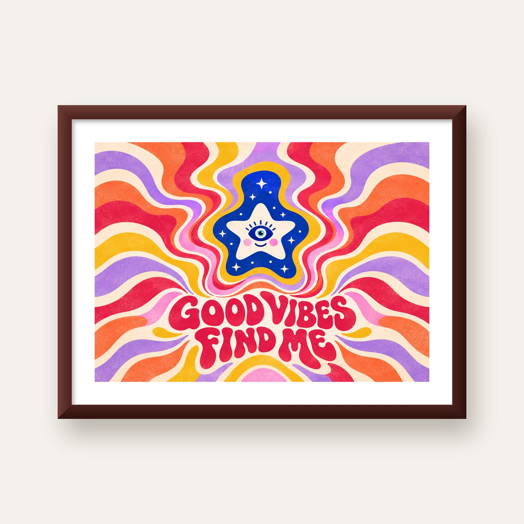 Good Vibes Find Me Retro Psikedelik Poster — ceviz çerçeveli paspartulu